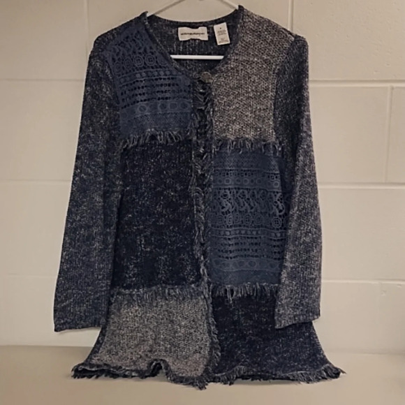 Denim Blue & Navy Boho Patch Crochet Lace, Fringed Cardigan - Picture 7 of 7